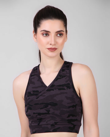 Cross Back Sports Bra - Black Camouflage
